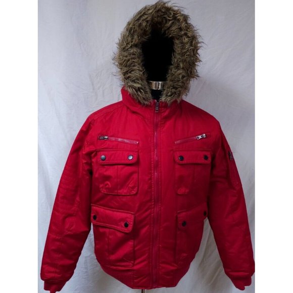 CJ Black Premium Womens Medium Red Zip Up Faux Fur Hood Heavy Winter Coat Jacket - Picture 1 of 14